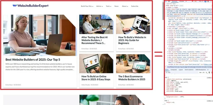 Screenshot of a WebsiteBuilderExpert webpage with article thumbnails about 2025 website builders beside an open Chrome DevTools panel showing HTML/CSS code.