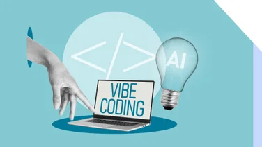 Blue background with a collage of images, including a finger pointing at a laptop that says vibe coding and a light bulb labelled AI