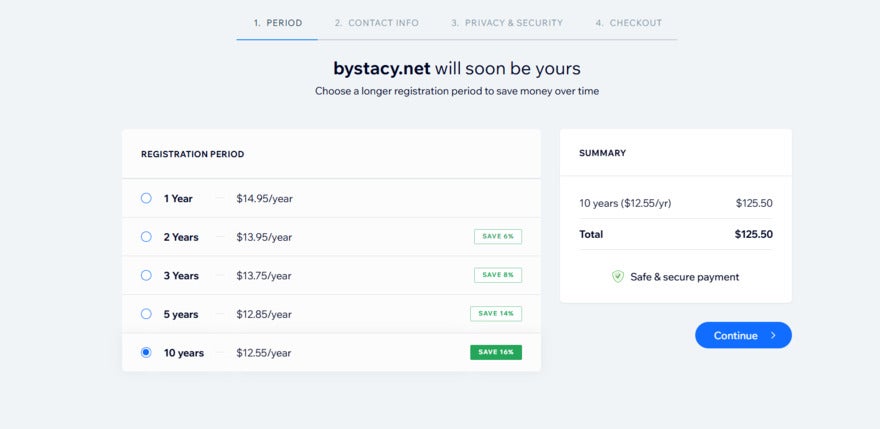 First stage of the Wix domain checkout, which asks you to choose a registration period of 1, 2, 3, 4, 5, or 10 years