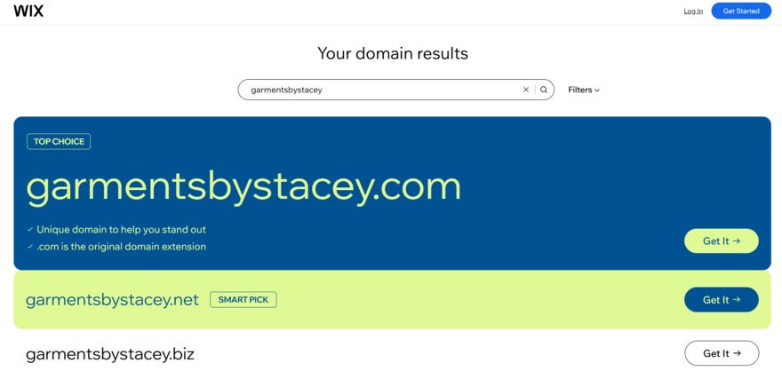 Wix top three domain results for the search garmentsbystacey. The results list garmentsbystacey.com as top choice, garmentsbystacey.net as second choice, and garmentsbystacey.biz as third choice.