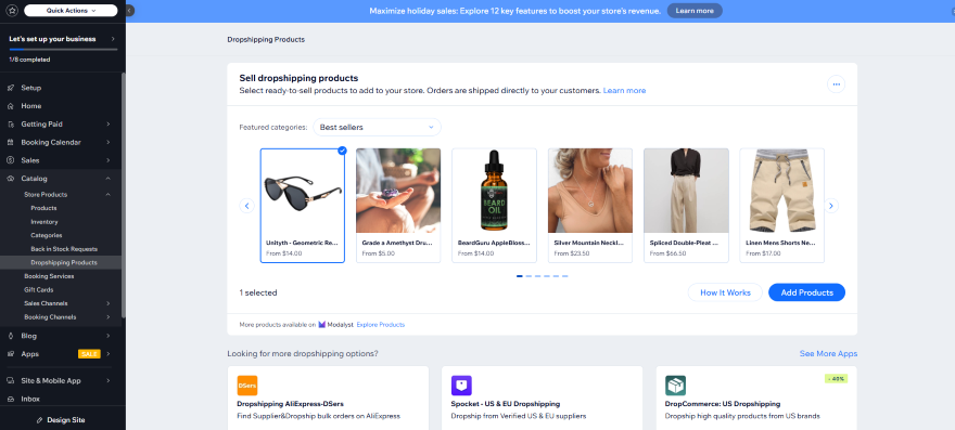 Screenshot of a dropshipping dashboard showcasing best-selling products like sunglasses, oils, and shorts, with options to add more items.