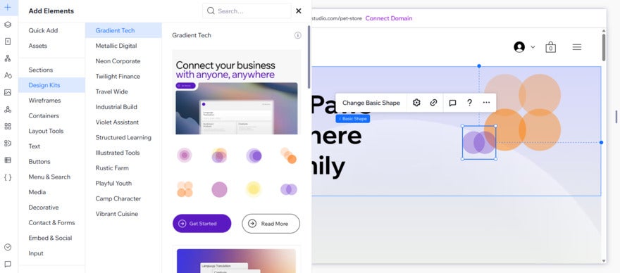 Wix Studio editor elements sidebar with pink orange and yellow designs