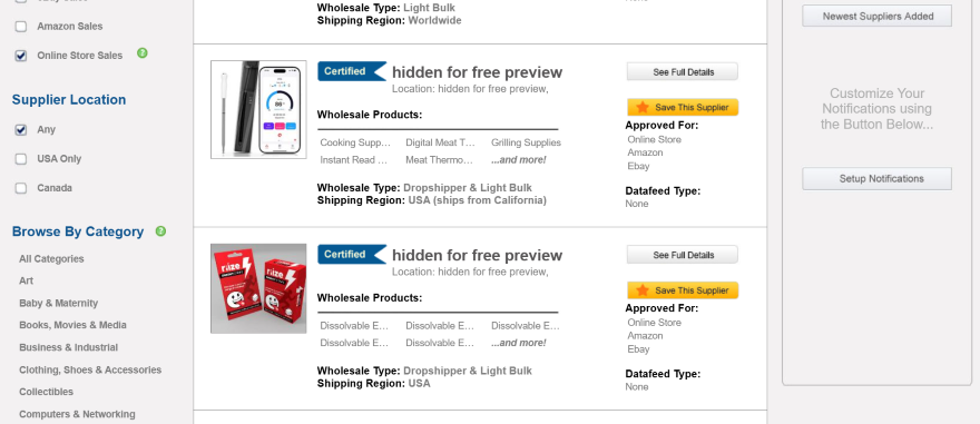 Screenshot of WorldWide Brand's online directory with product listings