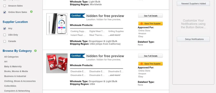 Screenshot of WorldWide Brand's online directory with product listings