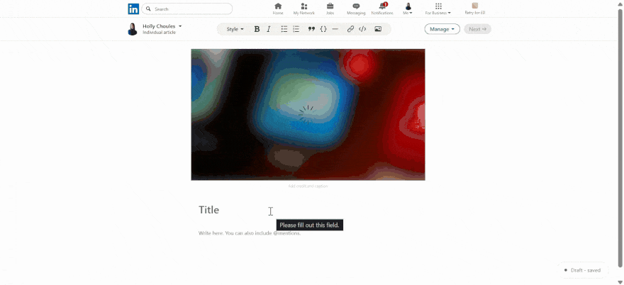 GIF of the editing page for a LinkedIn newsletter and adding photo, a header, and text.