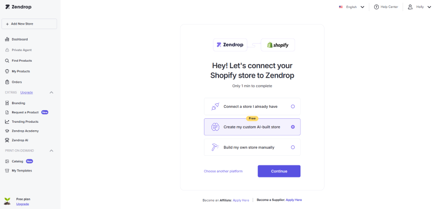 Image shows a Zendrop interface guiding users to connect their Shopify store, with options to connect, create, or build a store manually.