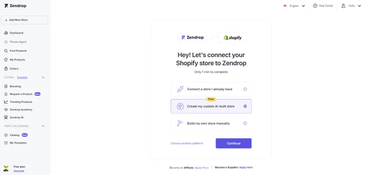 Image shows a Zendrop interface guiding users to connect their Shopify store, with options to connect, create, or build a store manually.