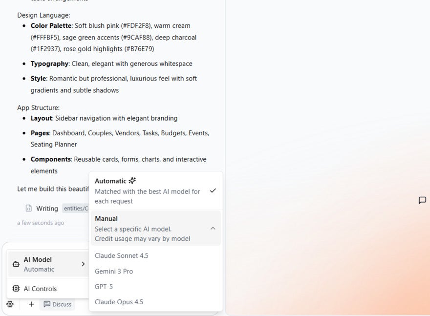 Base44 chatbot dropdown to choose between AI models