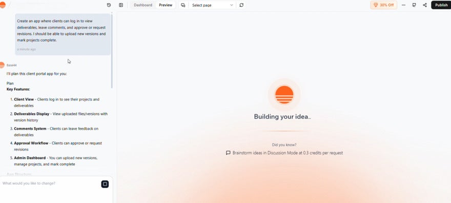 base44 loading first draft of an app, showing its logo with the text "Building your idea..."