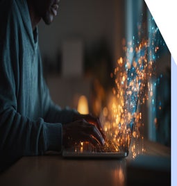 Person typing on a laptop that has gold sparkles coming out the screen.