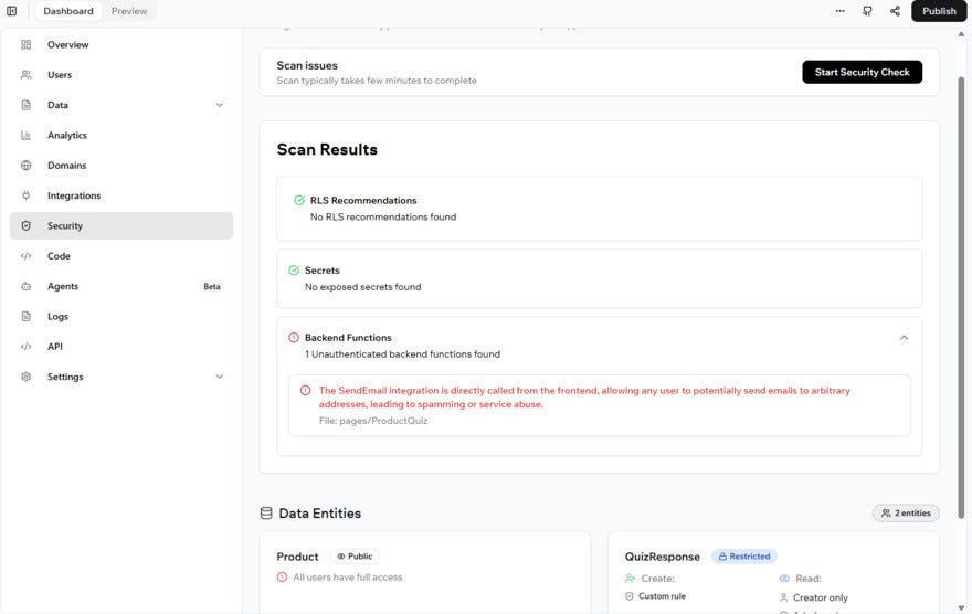 Base44 backend screenshot showing a "Publish" dialog with options for subdomain, custom domain, access settings, and security scan status.
