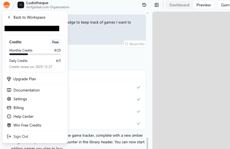 Base44 workspace pop up showing the number of daily and monthly credits left in the account