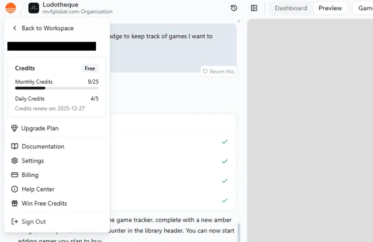 Base44 workspace pop up showing the number of daily and monthly credits left in the account