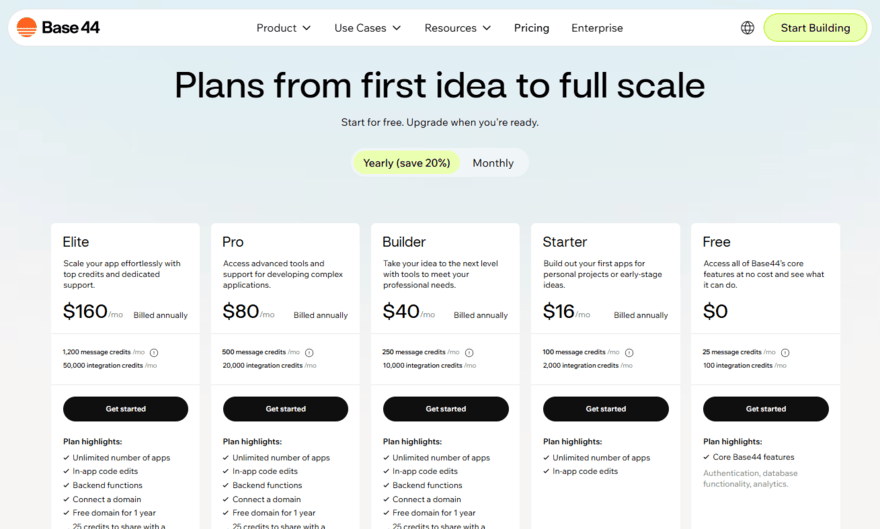Base44 pricing plans and features