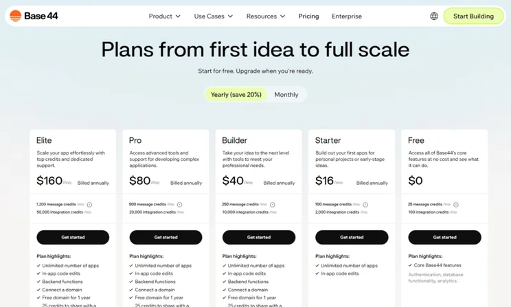 Base44 pricing plans and features