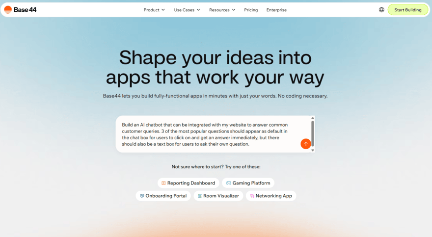 Base44 prompt Base44 homepage showing a text box with a prompt for an AI chatbot app