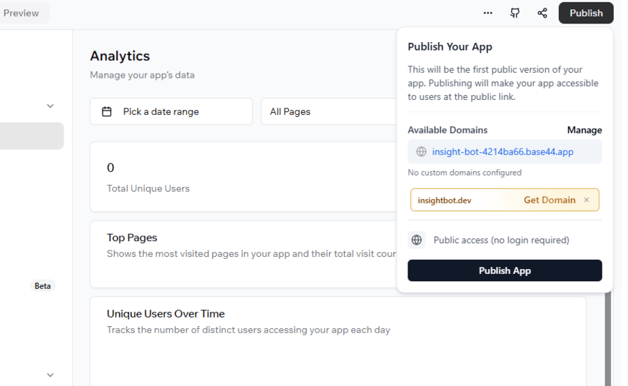 Base44 publish button Publish button in Base44 dashboard