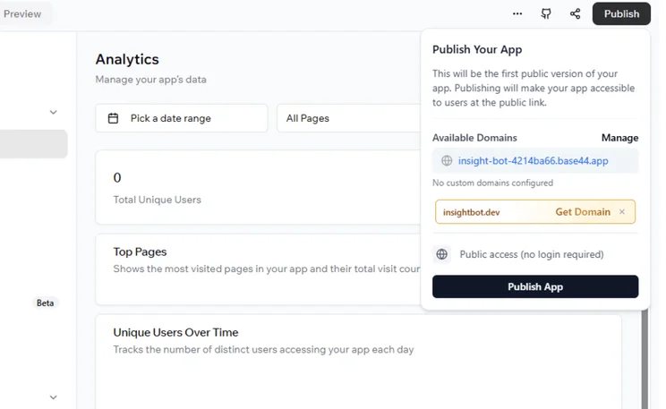 Publish button in Base44 dashboard