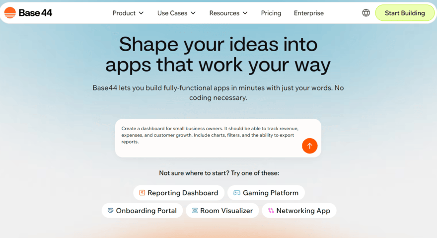 Base44 homepage showing the prompt box