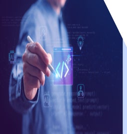 A person using a stylus to code on a digital interface, surrounded by AI and programming graphics in a tech-themed environment.