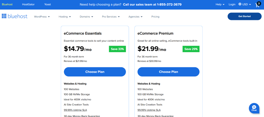 BlueHost Pricing Dec 2025 A Bluehost webpage displaying two eCommerce hosting plans: Essentials for $14.79/mo and Premium for $21.99/mo, with features listed.