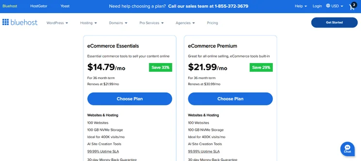A Bluehost webpage displaying two eCommerce hosting plans: Essentials for $14.79/mo and Premium for $21.99/mo, with features listed.