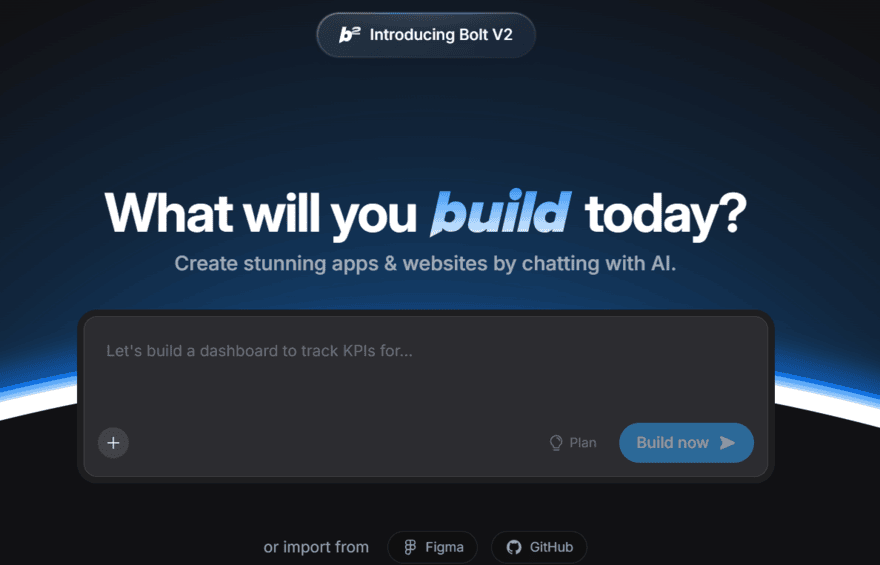 Bolt homepage showing a text prompt box