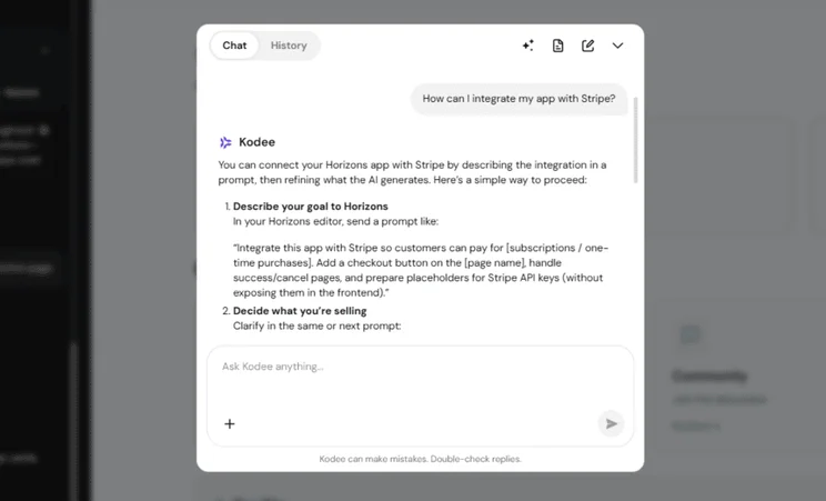 Hostinger Kodee AI assistant pop up when using Hostinger Horizons