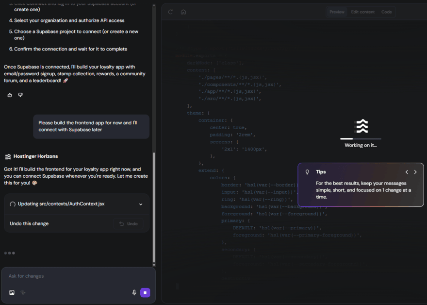Hostinger Horizons app building Hostinger Horizons generating the code for a web app idea with the live chat panel visible to the left of the screen