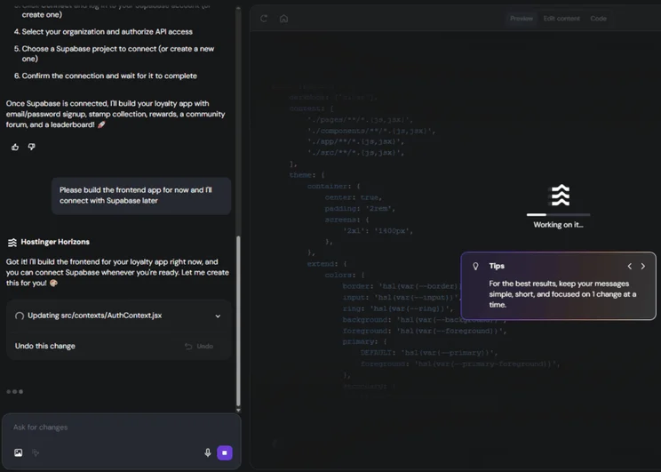 Hostinger Horizons generating the code for a web app idea with the live chat panel visible to the left of the screen