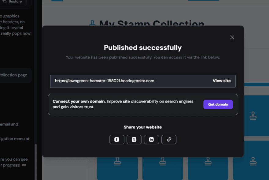 Hostinger Horizons app published Pop up box showing the web app created by Hostinger Horizons has been published, with URL links on display