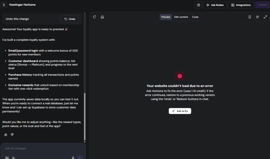Hostinger Horizons auto fix Auto fix feature in Hostinger Horizons chat
