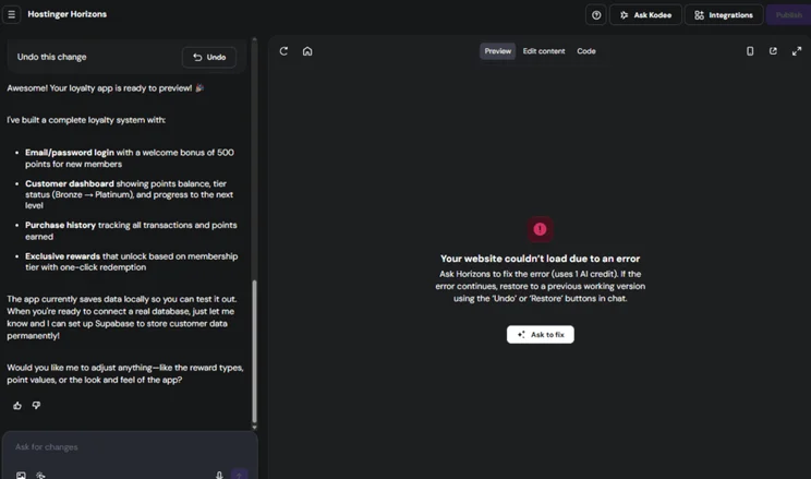 Auto fix feature in Hostinger Horizons chat