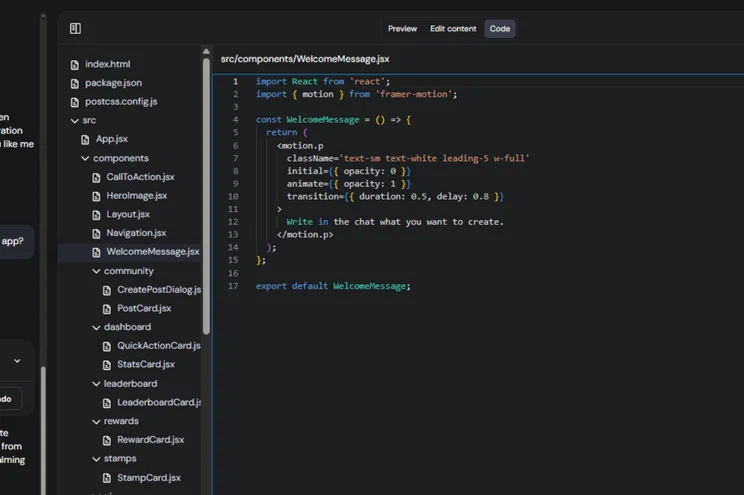 Hostinger Horizons code editor for a customer loyalty web app