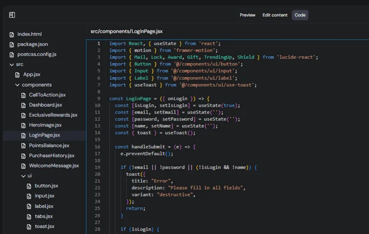 Hostinger Horizons code editor