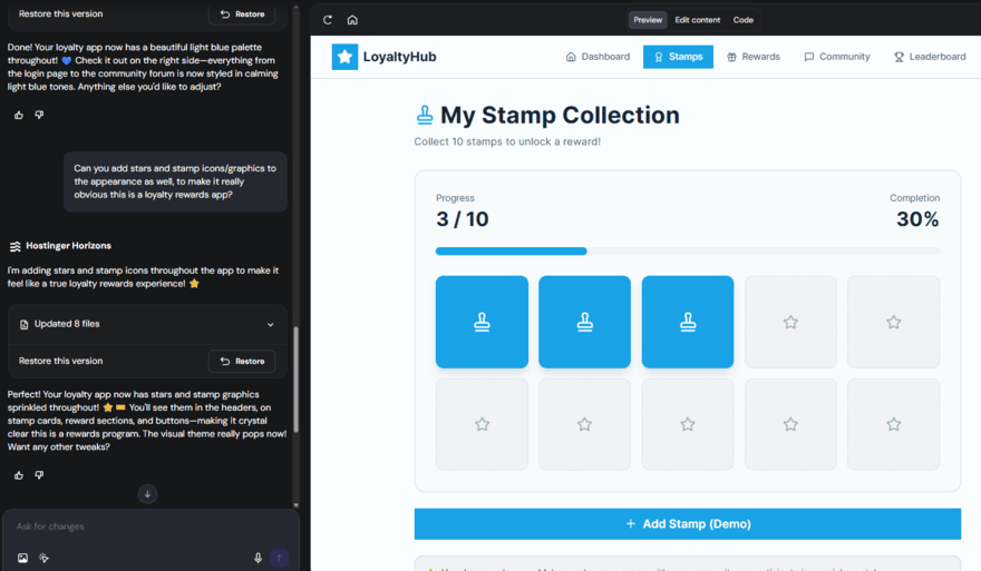 Hostinger Horizons loyalty app idea Hostinger Horizons app preview for a loyalty app