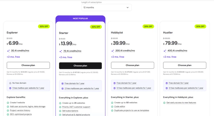 Hostinger Horizons pricing plans and features listed