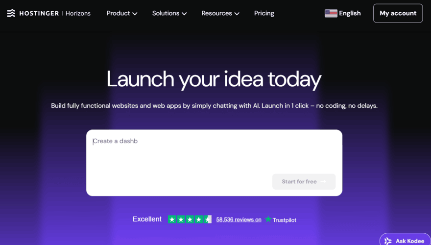 Hostinger Horizons prompt box on the homepage