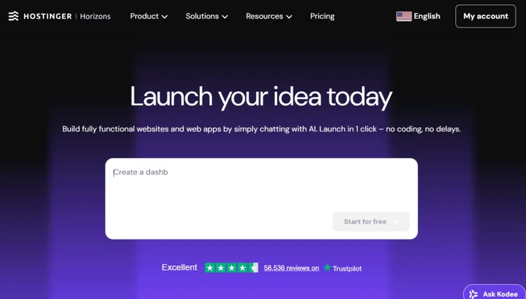 Hostinger Horizons prompt box on the homepage