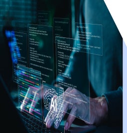 Person typing at a keyboard with floating graphics of code and AI symbols above