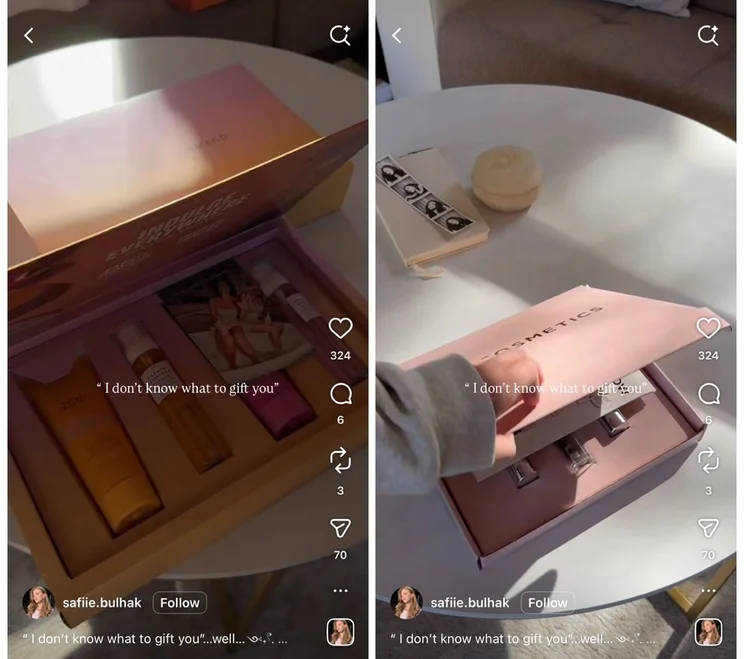 A makeup gift box is partially opened, revealing beauty products and a photo inside, with text overlay expressing uncertainty about gifting.