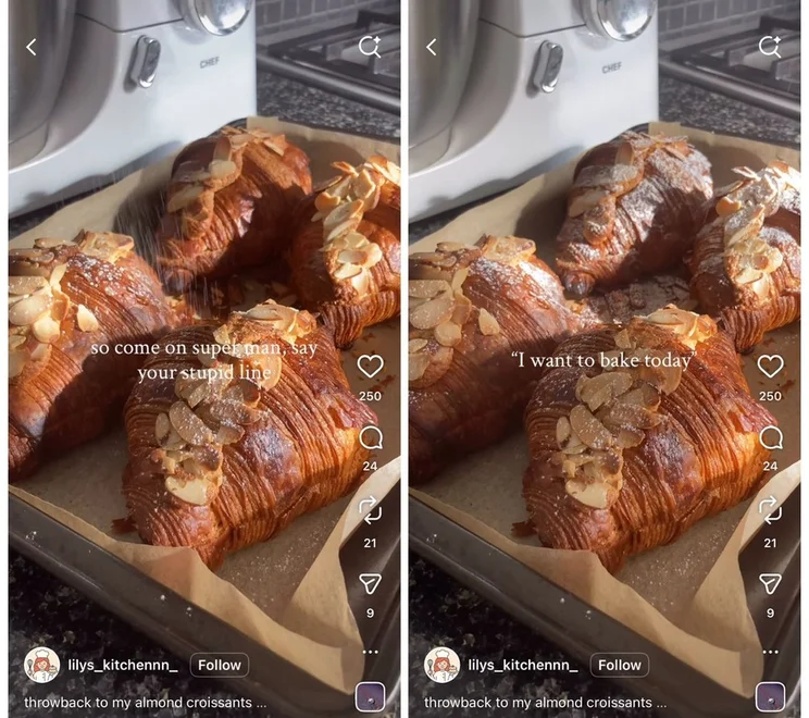 A tray of golden almond croissants topped with almond slices, with baking-themed captions overlaying the image.