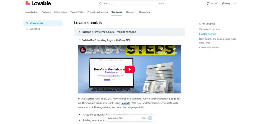Lovable's video tutorial of how to build a SaaS landing page with Groq API