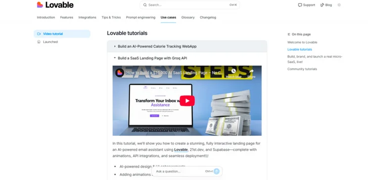 Lovable's video tutorial of how to build a SaaS landing page with Groq API