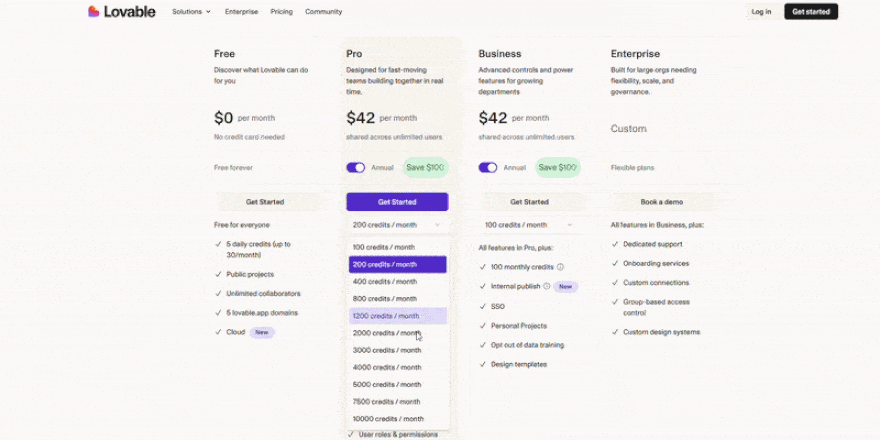 expanding the dropdown section of Lovable's pro plan on the pricing page to demonstrate how the pricing changes with different credit limits