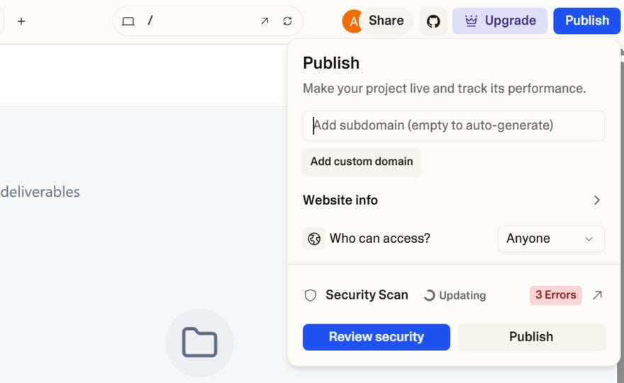 A user interface screenshot showing a "Publish" dialog with options for subdomain, custom domain, access settings, and security scan status
