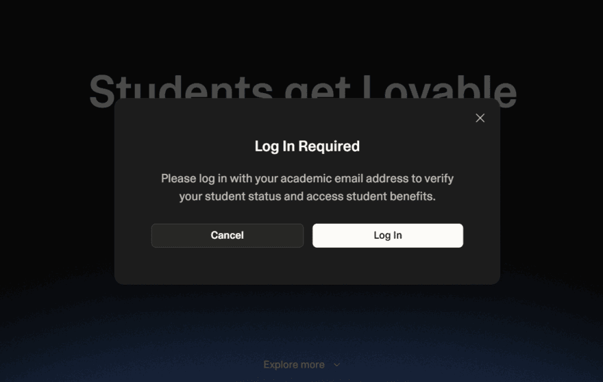 Login page for students to receive Lovable's student discount
