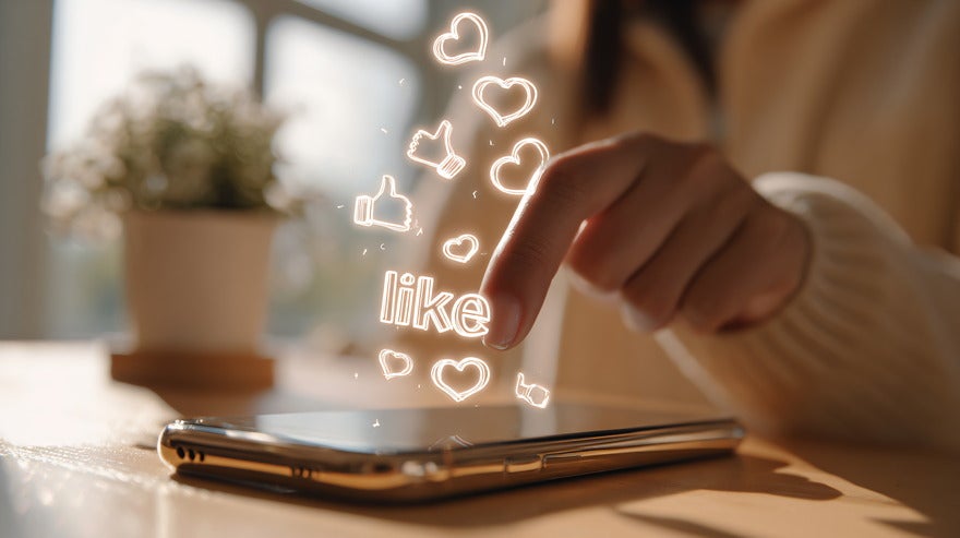 Social Media Trends December Intro A hand pressing a smartphone screen with glowing "like" and heart icons emerging, symbolizing social media interaction.