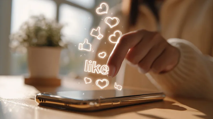 A hand pressing a smartphone screen with glowing "like" and heart icons emerging, symbolizing social media interaction.