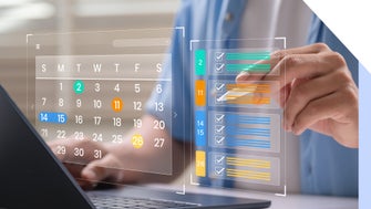 Digital image of a calendar and colour coded checklist floating above a laptop with a hand pointing to the list with a stylus